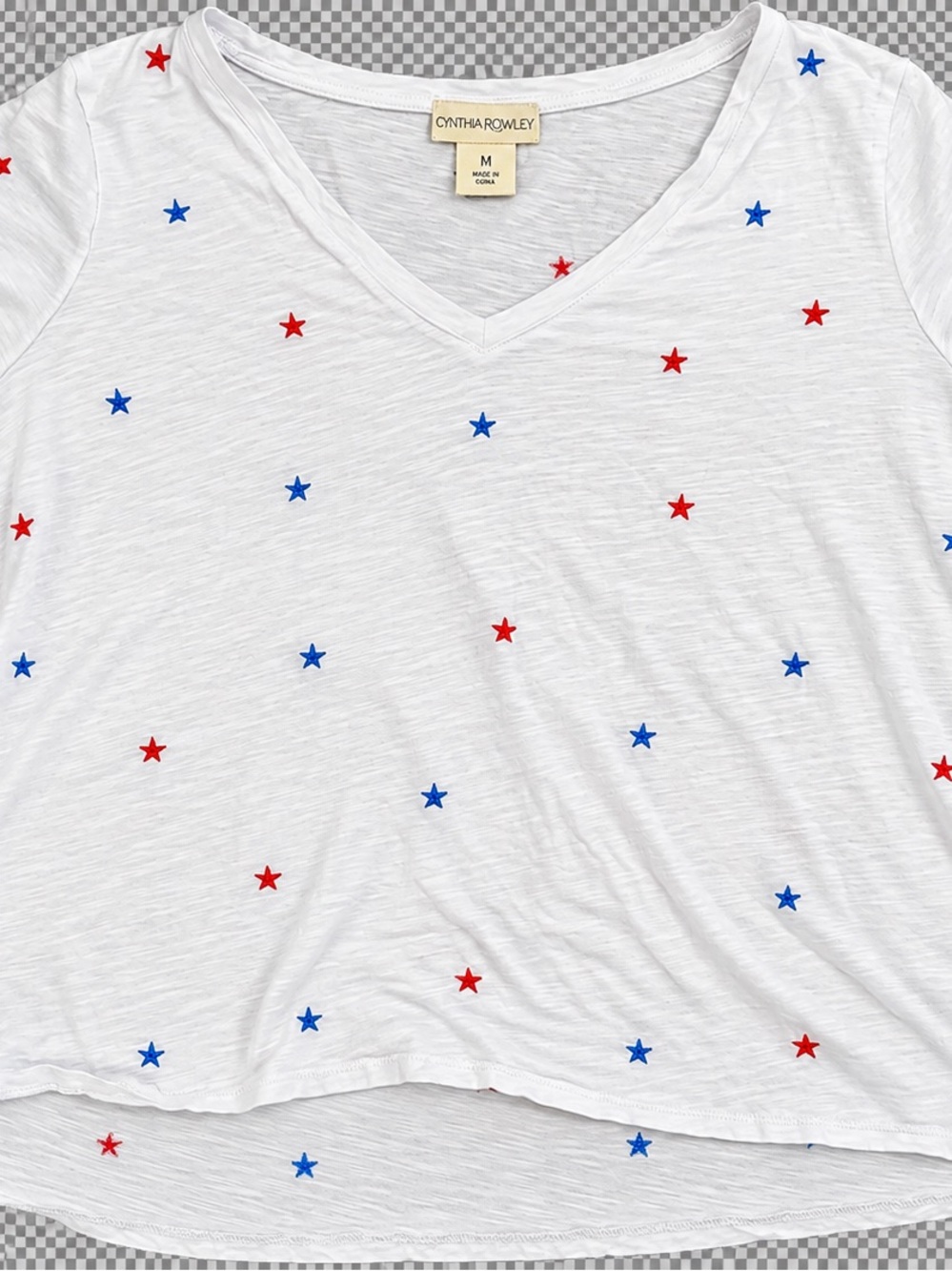Cynthia Rowley XXL White Embroidered Star V Neck Tee Red Blue